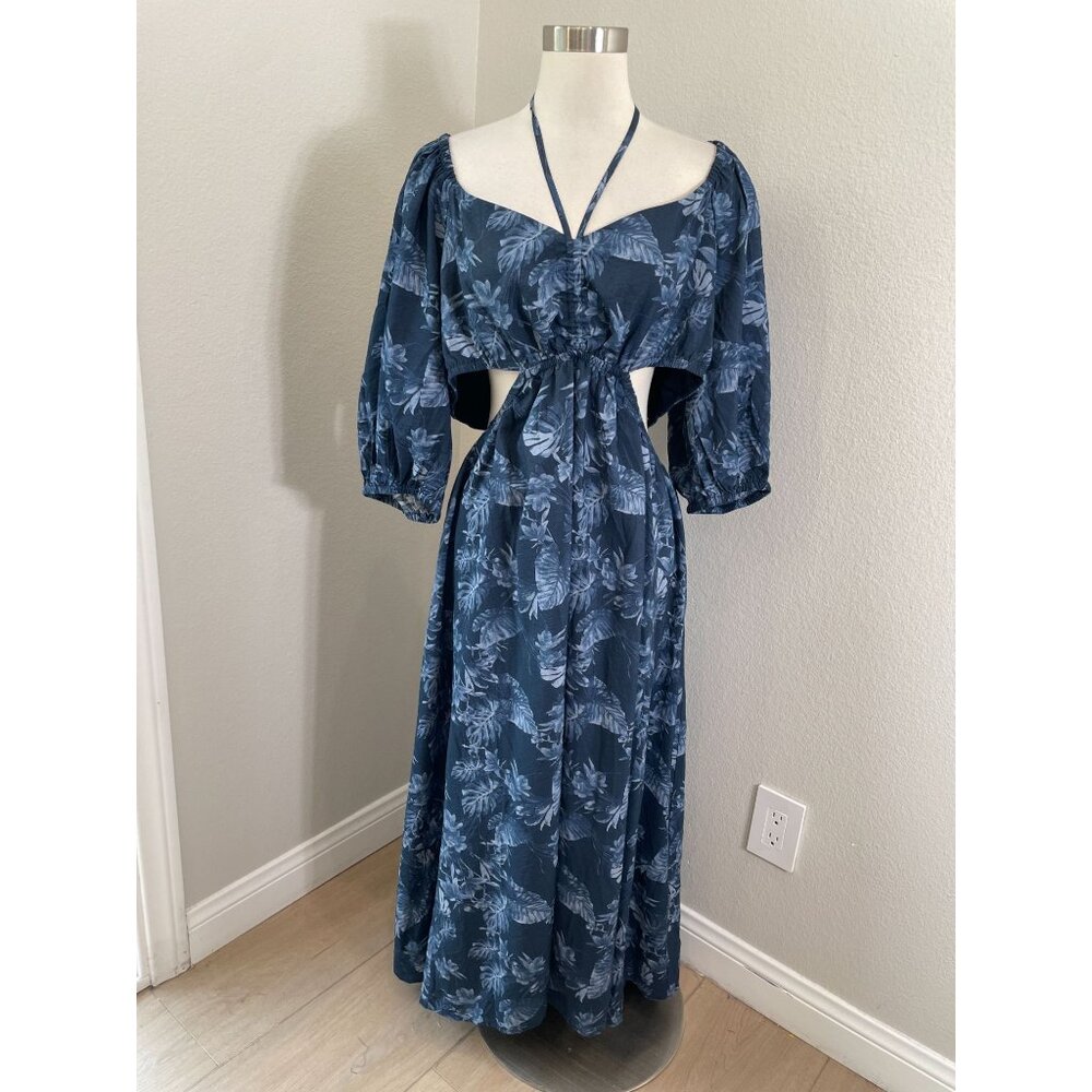 Banana‎ Republic Womens XL Blue Floral Cutout Maxi Dress Short Sleeve